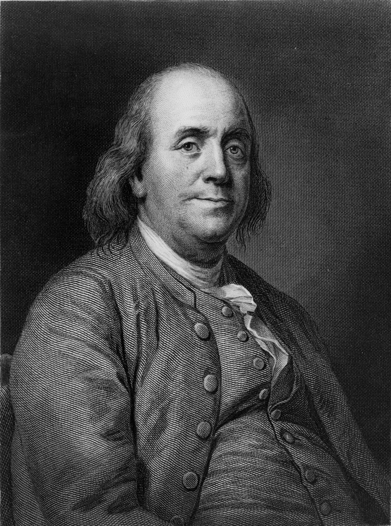 Ben Franklin, copy of engraving by H.B. Hall, based on original painting by J.A. Duplessis, Library of Congress