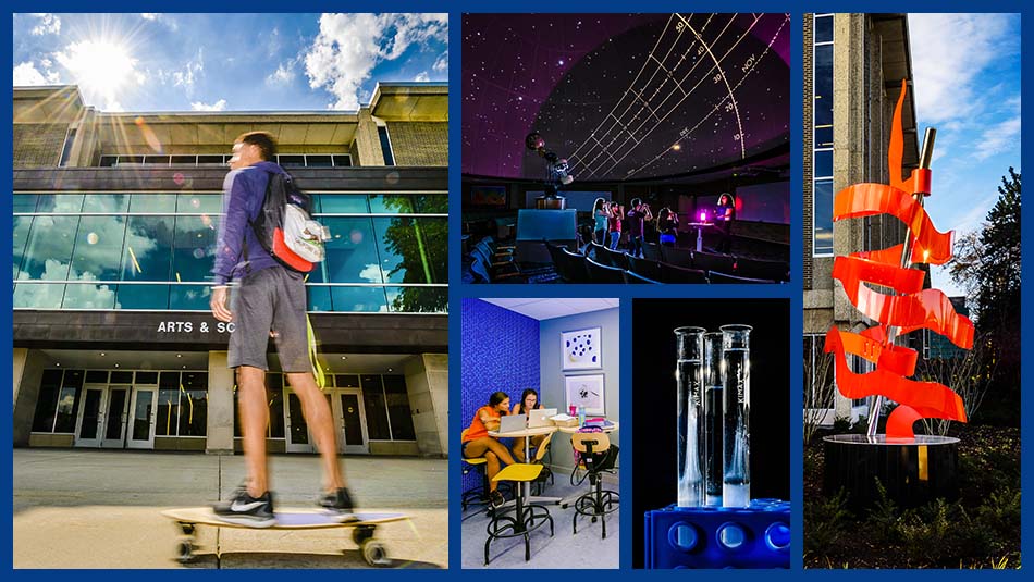 Arts and Sciences image collage featuring the buildings exterior, the planetarium, a metal sculpture of a red ribbon, and a common study area inside the building