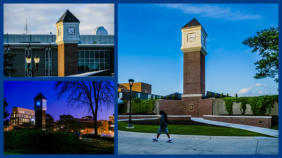 Three image collage of the Granger Clock Tower