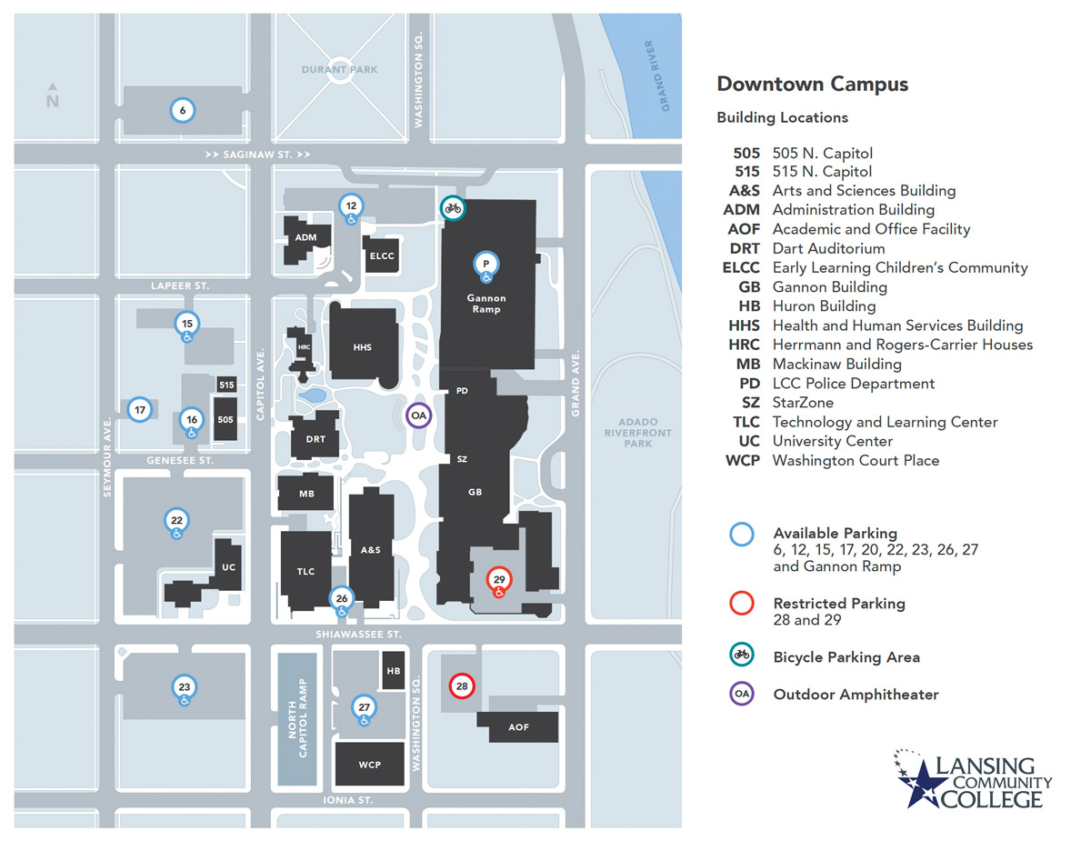 Map of the Downtown Campus Lansing Community College showing the locations of buildings, parking areas, and adjacent streets, including Saginaw St, Capitol Ave, Grand Ave, and Shiawassee St. Please refer to the accompanying text lists for building abbreviations, addresses, and parking lot designations.