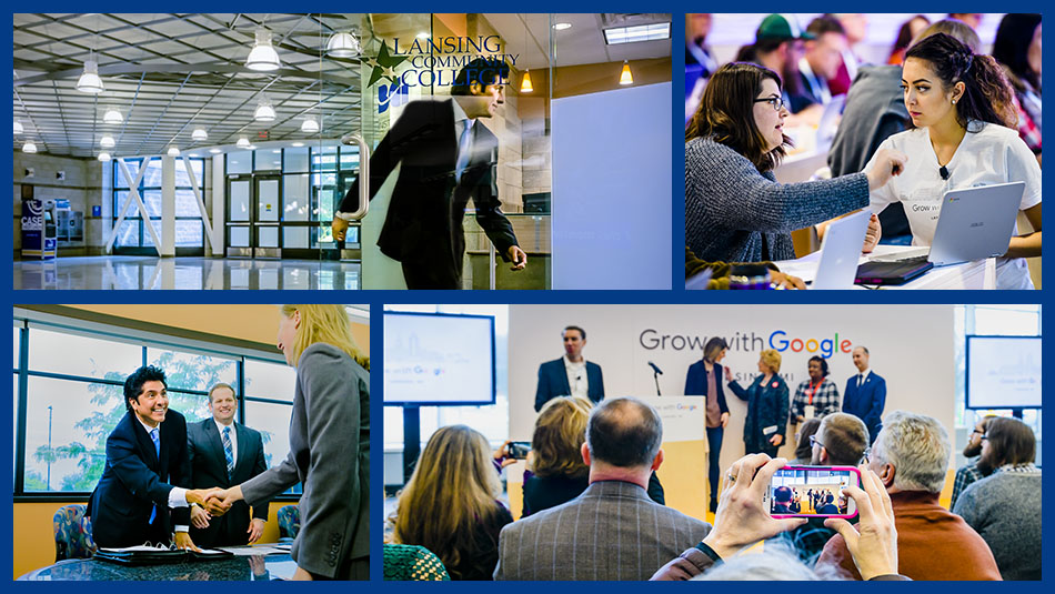 image collage of the business community institute, featuring a man in a suit entering a room with a glass door, a man and woman shaking hands over a board room table, and an LCC faculty member addressing an audience in front of a podium