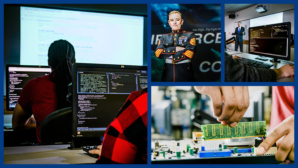 information technology program image collage, featuring students learning coding methods in a classroom environment, a ram circuit being placed into a motherboard, and a professor giving a lecture on coding in front of a class