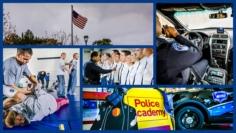 lcc police academy image collage featuring a student practicing how to place someone in handcuffs, a student driving a police car, a class of graduating police cadets, and the american flag waving on the downtown LCC campus