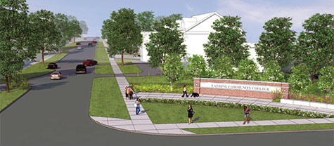 Artist rendering Capitol avenue with students walking around the Lansing Community College sign