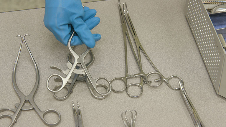 various medical tools on a bench