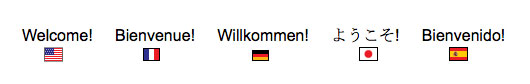 welcome in english, french, german, japanese, and spanish