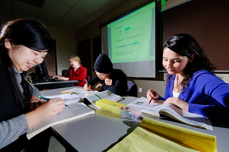 a group of foreign exchange students going through their course book