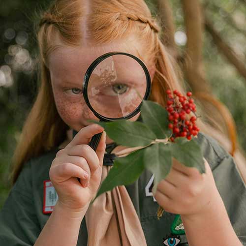 Student looking at plant with magnifying glass