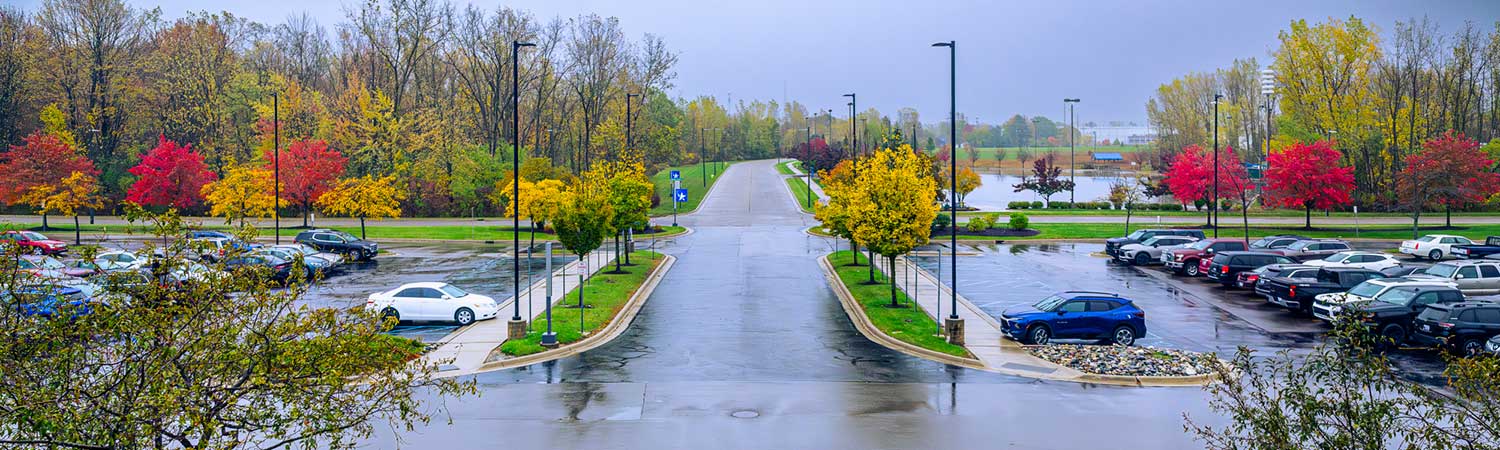 West Campus entrance, looking toward the parking lot