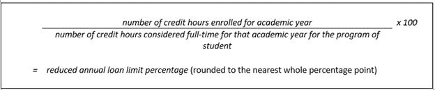 loan calculation formula: number of credit hours enrolled for academic year divided by the number of credit hours considered full-time for that academic year for the program of student, times 100 equals the reduced anual loan limit percentage rounded to the nearest whole percentage point