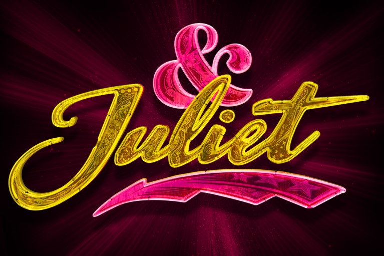 Stylized "& Juliet" in hot pink against a black background