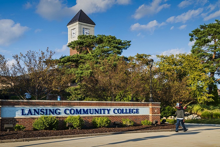 LCC Clock Tower with Lansing Community College sign