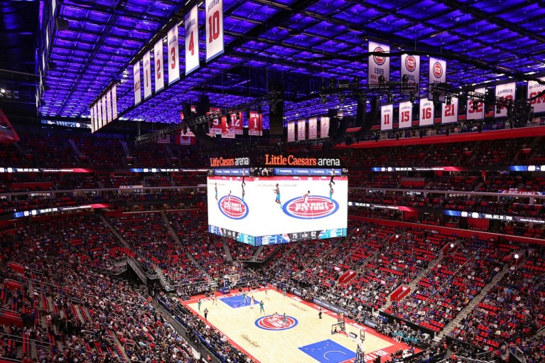 Little Caesars Arena from the 200 level corner seats as the Pistons play on the court below