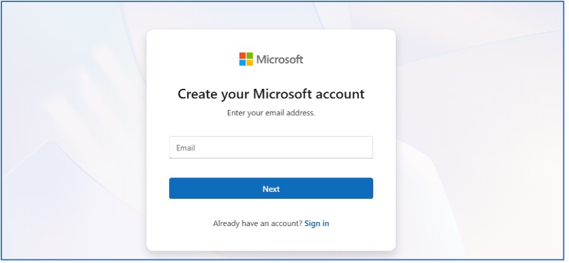Outlook sign-up web page