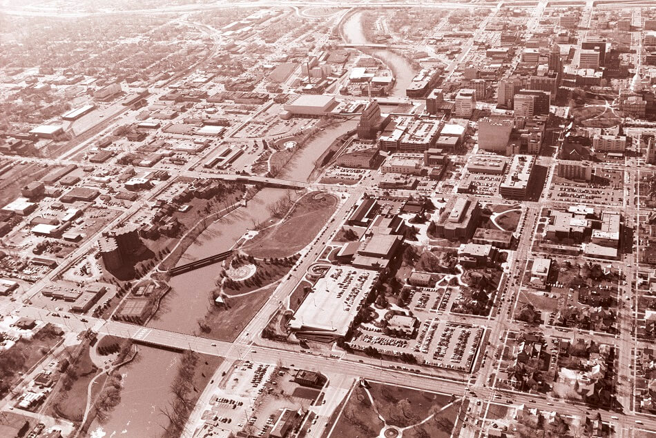 Aerial view of LCC's main campus in downtown Lansing - ca. 1980s