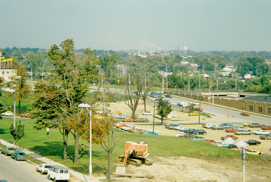Campus parking lots between Grand Avenue and Washington Avenue with Lapeer Street running between them before 1975. This is the current location of the Gannon Parking Ramp.
