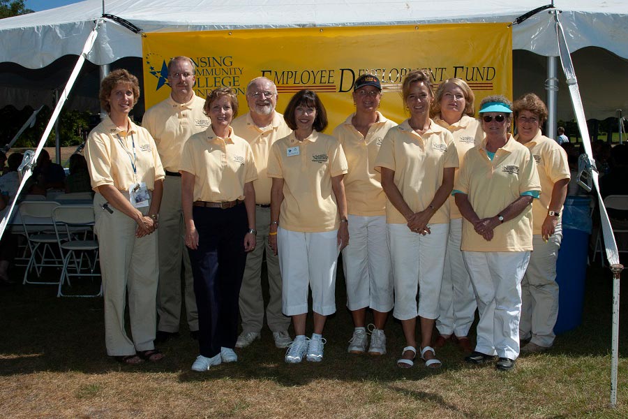 The LCC Foundation supports employees through the Employee Development Fund (EDF) which was created for employees, by employees, to provide opportunities, promote fellowship and fun, and enhance everyday work life. Standing outside the tent at the 2006 Fall EDF Picnic is the EDF Committee, from left, Teresa Villarreal, John Imeson, Sue Fisher, Bill Motz, Sue Stock, Heather Kesselring, Pam Blundy, Jane Whittington, Deanna Hanieski, and Beth Vanderlip. 