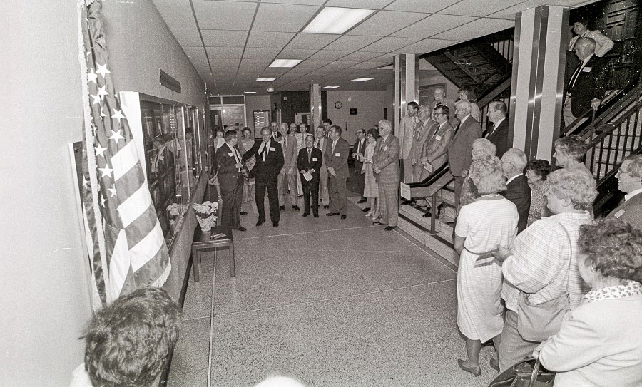 The Capitol Area Business Hall of Fame display cases on the second floor of Old Central were unveiled during the Dedication ceremony held on March 20, 1981