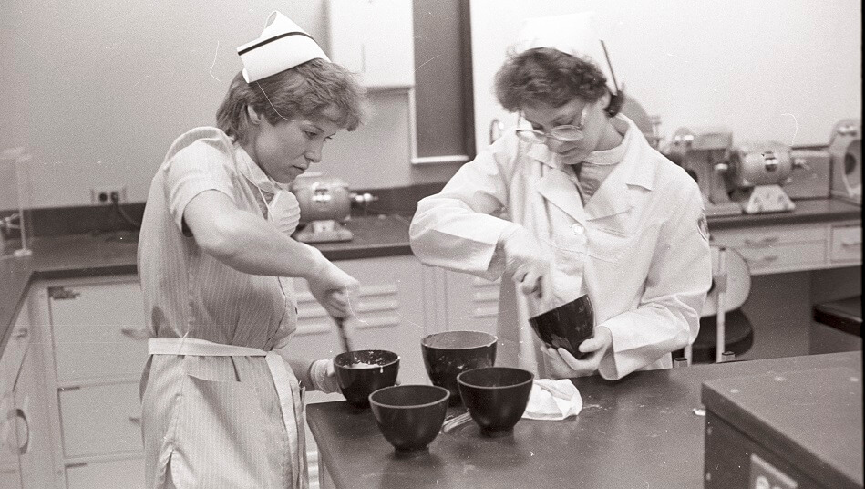 Dental Hygiene students in the Dental Lab in the Arts and Sciences building basement - ca. 1980s