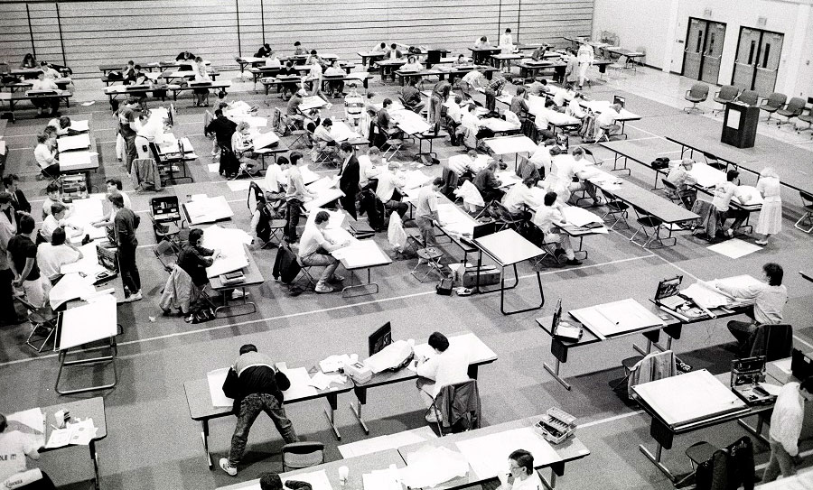 Students work on their projects in the Gannon Building Gymnasium during the annual Michigan High School Architectural Design Competition - ca. 1980s