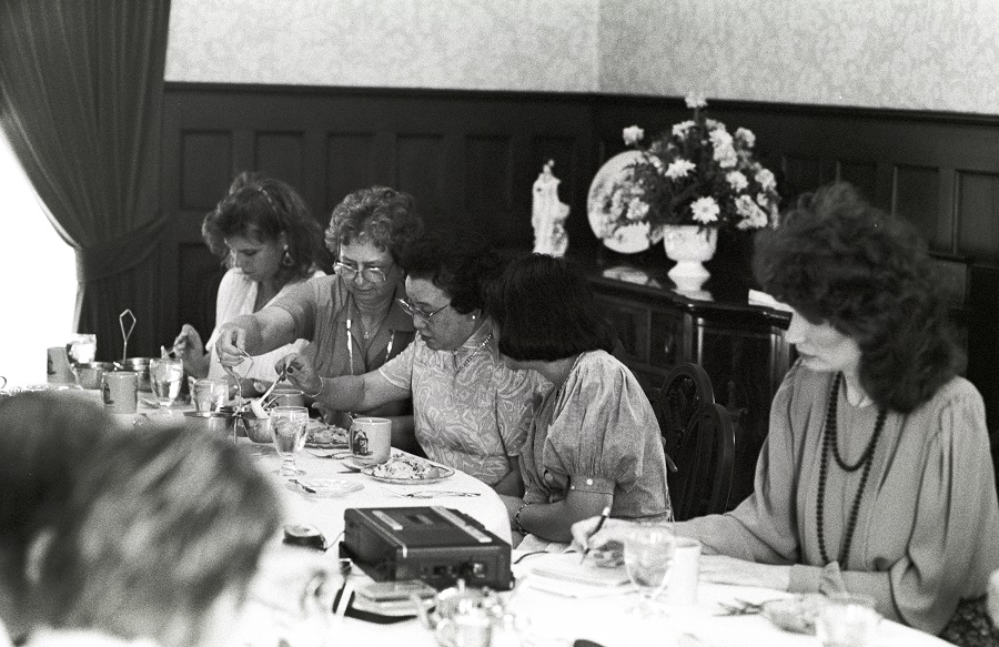 Jackie Taylor, College Vice President, and others at Japan Adventure Reception at the Herrmann House - ca. 1980s