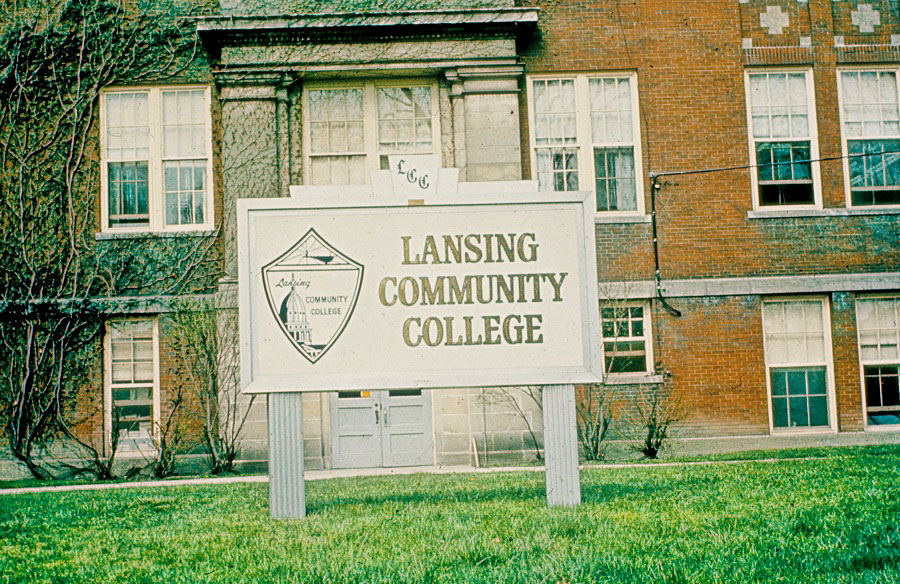 The Lansing Community College sign outside of the Old Central building - ca. 1980s