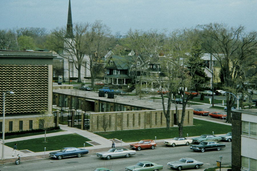 The view of the north end of Old Central along Genesee Street circa 1970s includes two homes and a church that are still standing today.