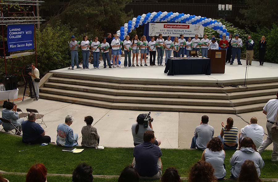 President Cunningham speaks at an event on the downtown campus celebrating the LCC Stars Softball Team's 2002 NJCAA National Championship - May 2002.