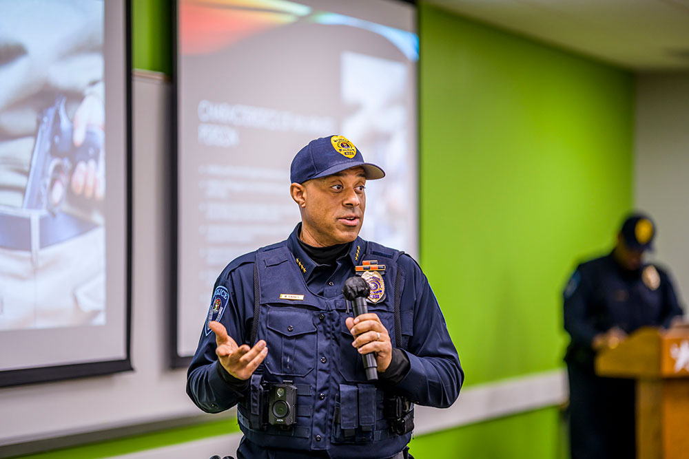 Chief gaines conducting an active shooter training in a classroom