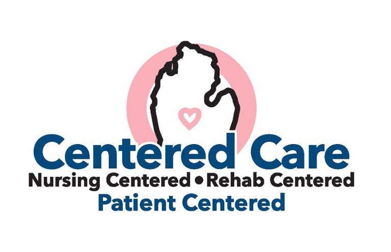 Centered Care of Michigan Logo. A white background with the lower peninsula of Michigan outlines in front of a pink circle. There is a heart at the center of the Michigan map. Text reads, "Centered Care. Nursing centered, rehab centered, patient centered."