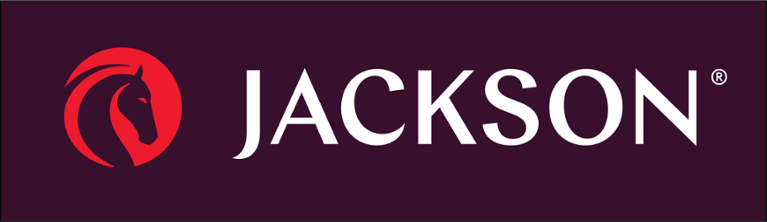A dark purple background with white text that reads, "JACKSON". A graphic of a red circle with the head of the horse, creating negative space within it.