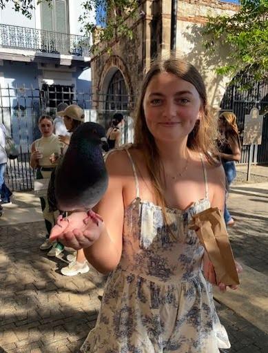 A photo of a young woman wearing a white and blue dress, holding a grey bird perched upon her hand. She seems to be standing in a city square.