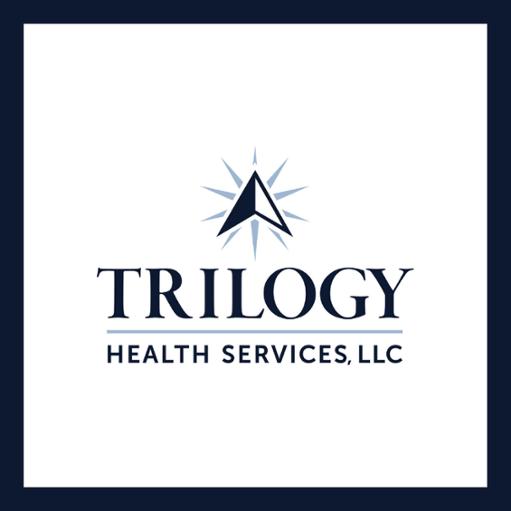 A square graphic with a white background and navy border. The Trilogy Health Services, LLC logo is in the center and includes the name in text and a compass-like graphic.